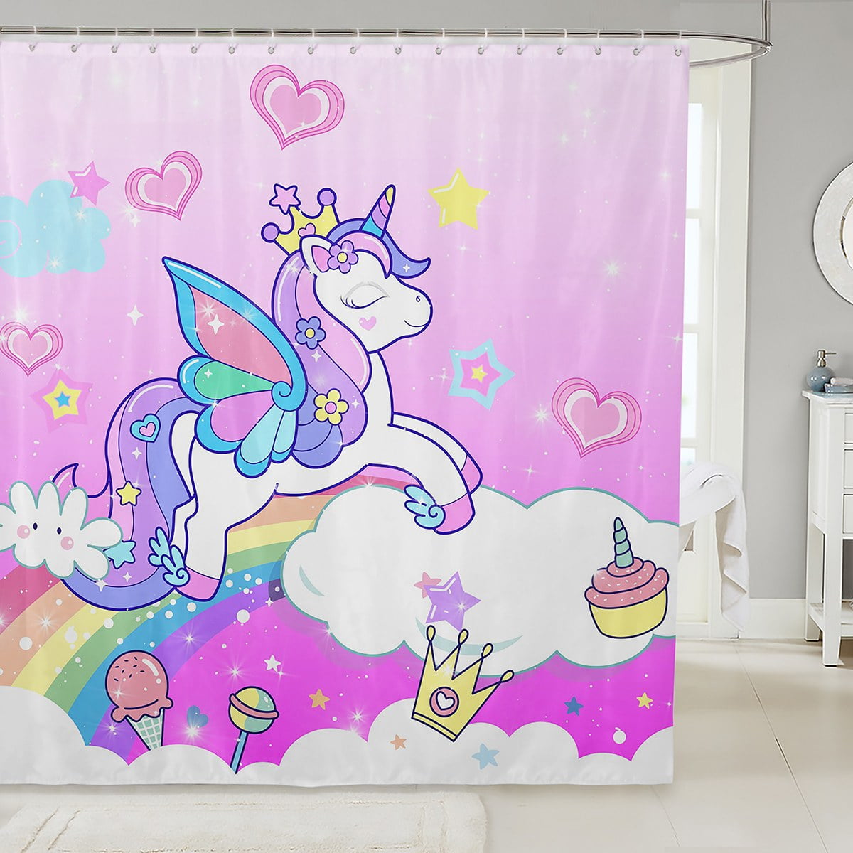 YST Girls Unicorn Shower Curtain 72"Wx72"L Cute Rainbow Unicorn Kids ...