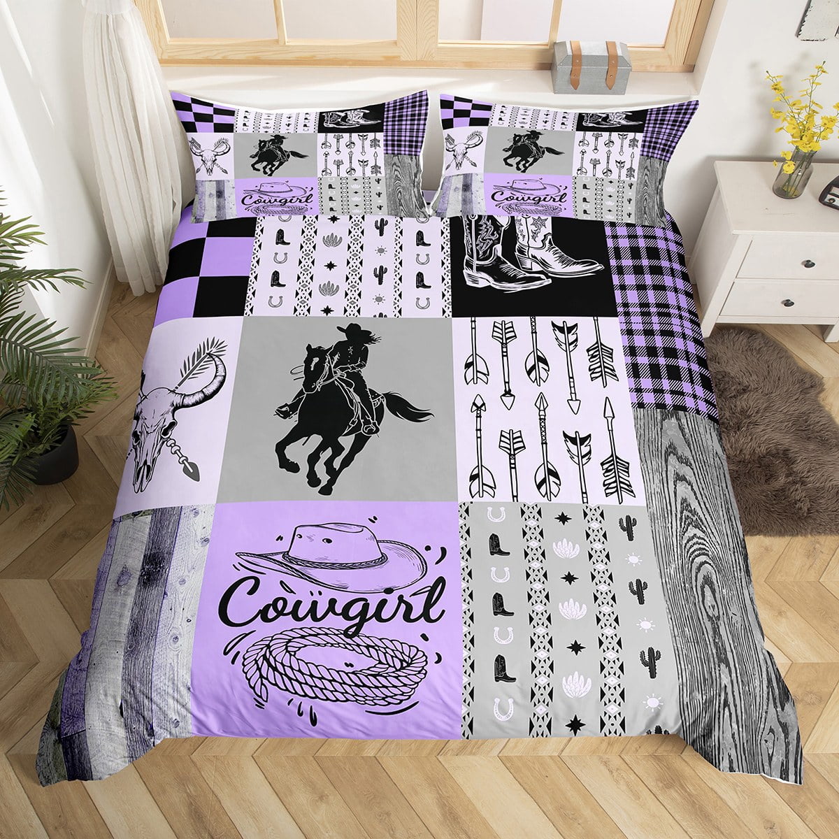 YST Girls Western Bedding Set Full Size Pink Grey Cowgirl Kids