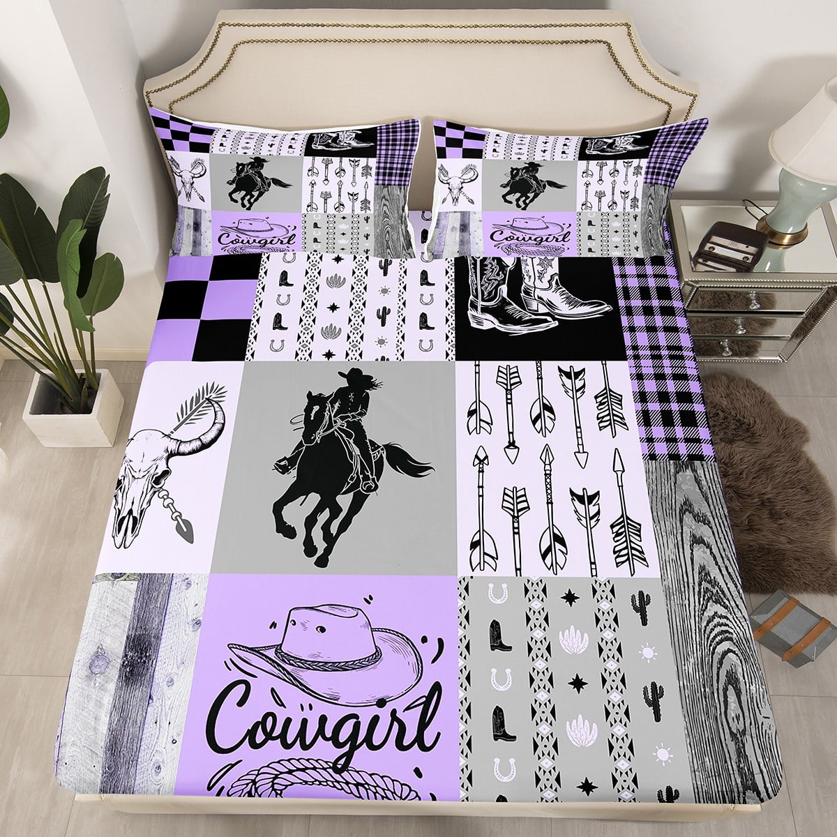 YST Girls Western Bedding Set Twin Size Pink Grey Cowgirl Kids Bed