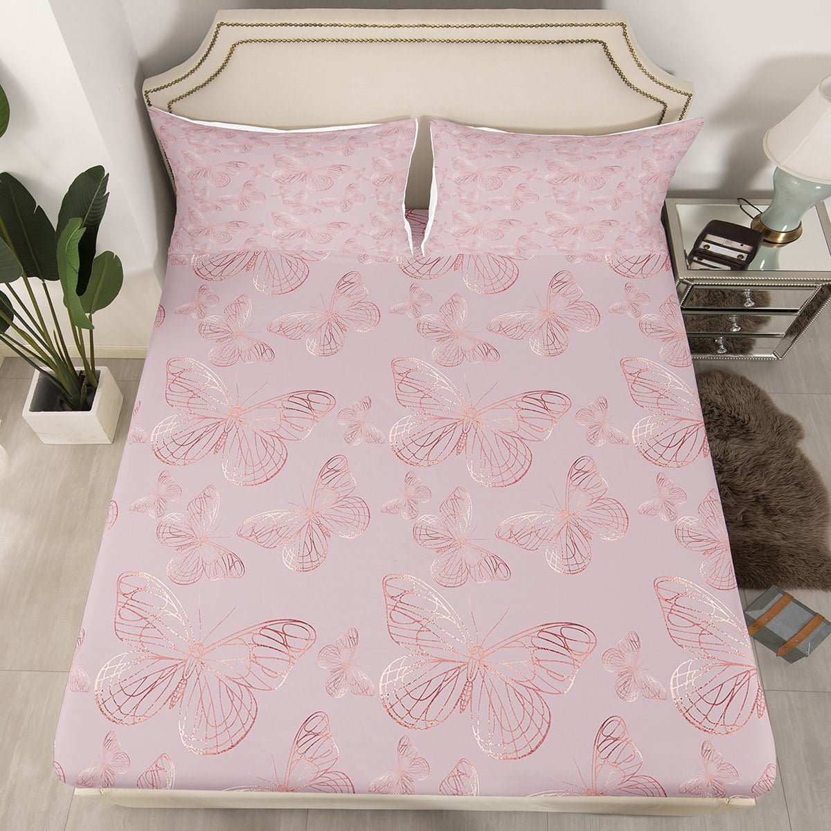 YST Girly Butterfly Bed Sheets for Girls Rose Gold Fitted Sheet Queen