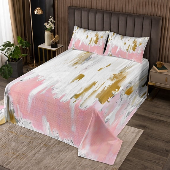 Girly Pink Coverlet King Size Oil Painting Stripe Bedding Set, Brush Marks Contemporary Ombre Bedspread Set Watercolor Graffiti Quilt Set, Aesthetic Modern Bed Set
