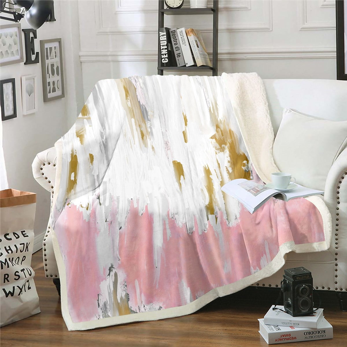 YST Girly Pink Sherpa Blanket Oil Painting Stripe Blanket, Brush Marks