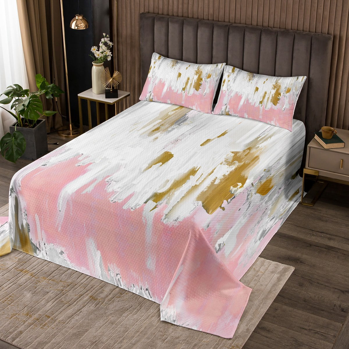 YST Girly Pink Twin Quilt Set Oil Painting Stripe Coverlet Set, Brush