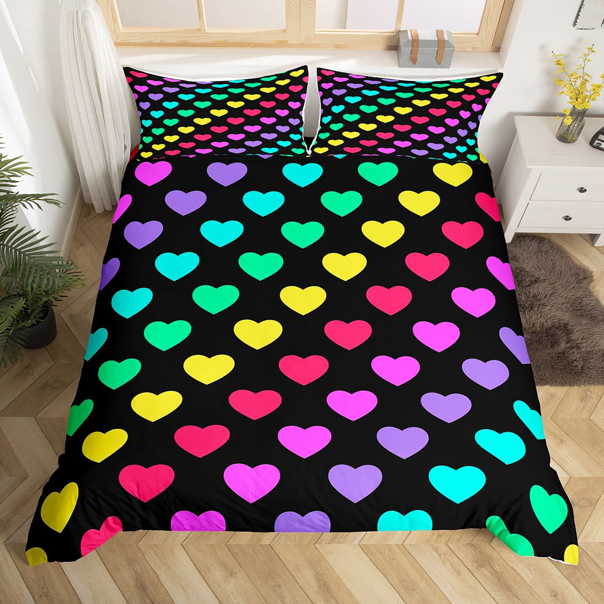 YST Girly Rainbow Bedding Sets Twin for Girls Women Kawaii Heart Print