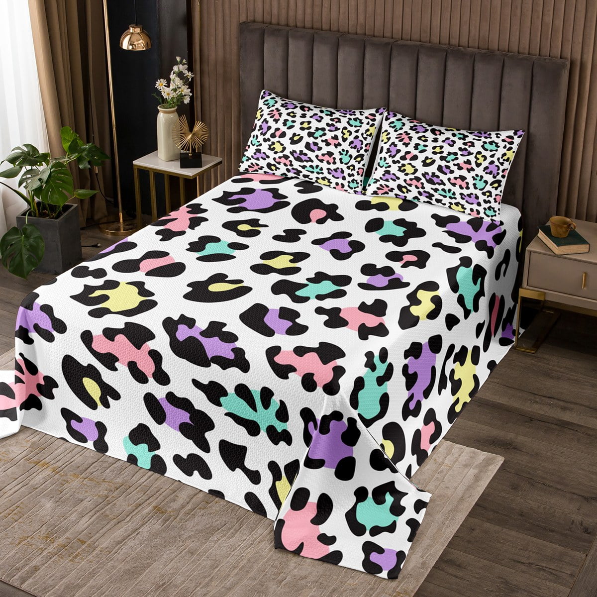 YST Girly Rainbow Cheetah Print King Quilt Set Colorful Leopard Print