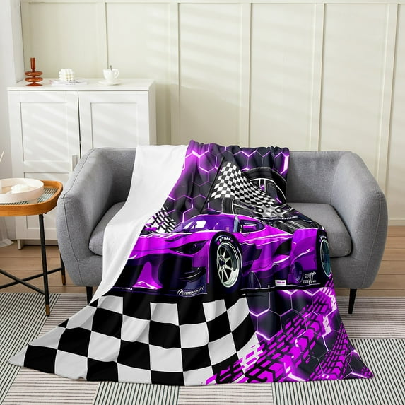Glitter Beehive Geometric Hexagon Throw Blanket ,Purple Neon Lights Honeycomb Throw 50x60 inch Flannel Blanket Cool Sports Car Fleece Blanket,Race Car Fuzzy Blanket for Sofa