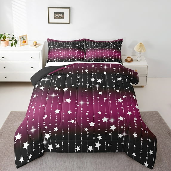 Erosebridal Glitter Star Bedding Set Set Twin Size, Black And Purple Comforter Set Teens Adult Bedroom Decor, Ombre Silver Meteor Quilt Sparkle Galaxy Twinkle Starlight Down Comforter