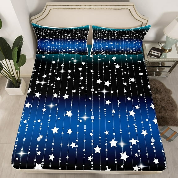 Glitter Star Fitted Sheet Twin Size, Black And Blue Bedding Set Adult Women Bedroom Decor, Ombre Silver Meteor Bed Sheets Sparkle Galaxy Twinkle Starlight Sheets