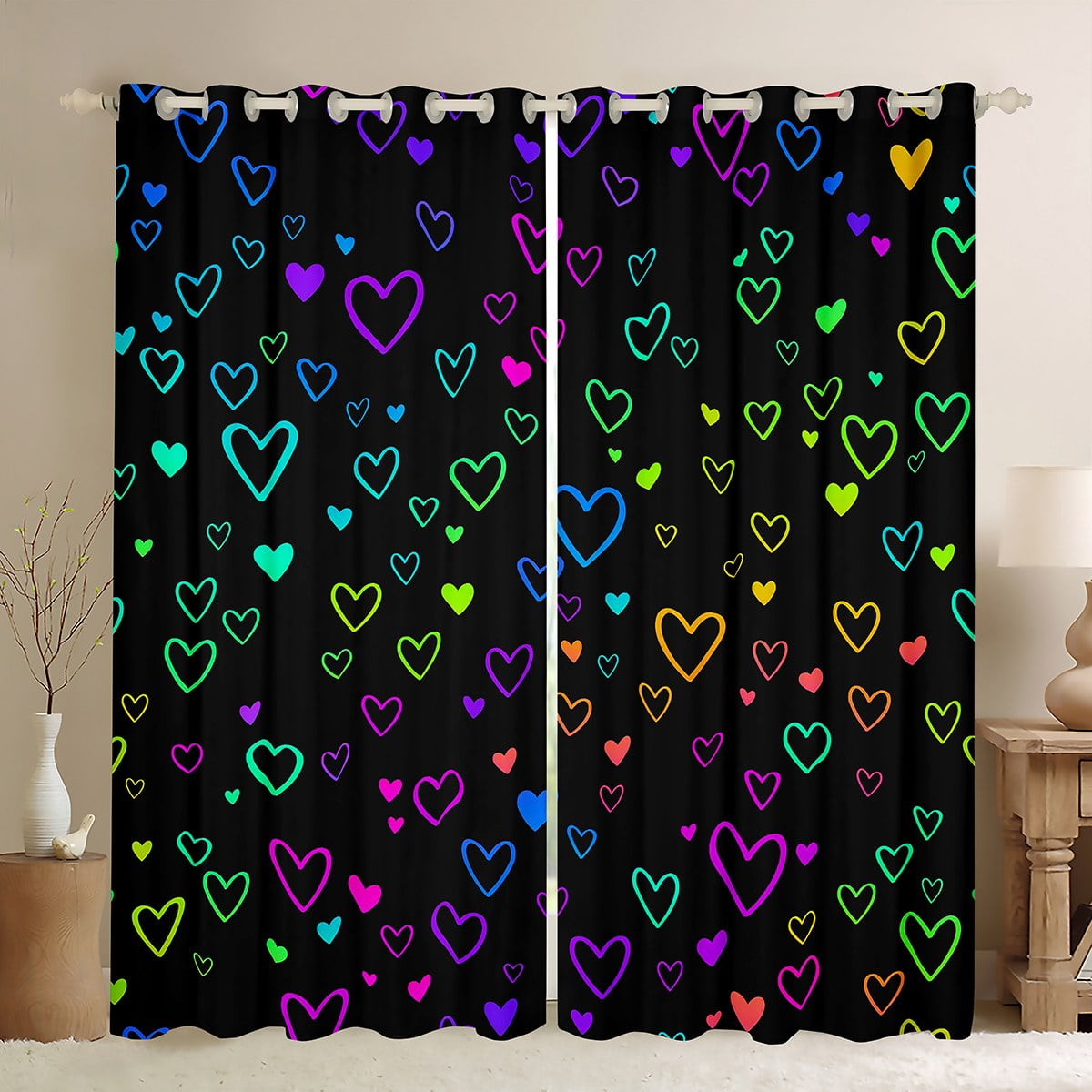 YST Glowing Hearts Blackout Curtains Rainbow Neon Lights Curtains