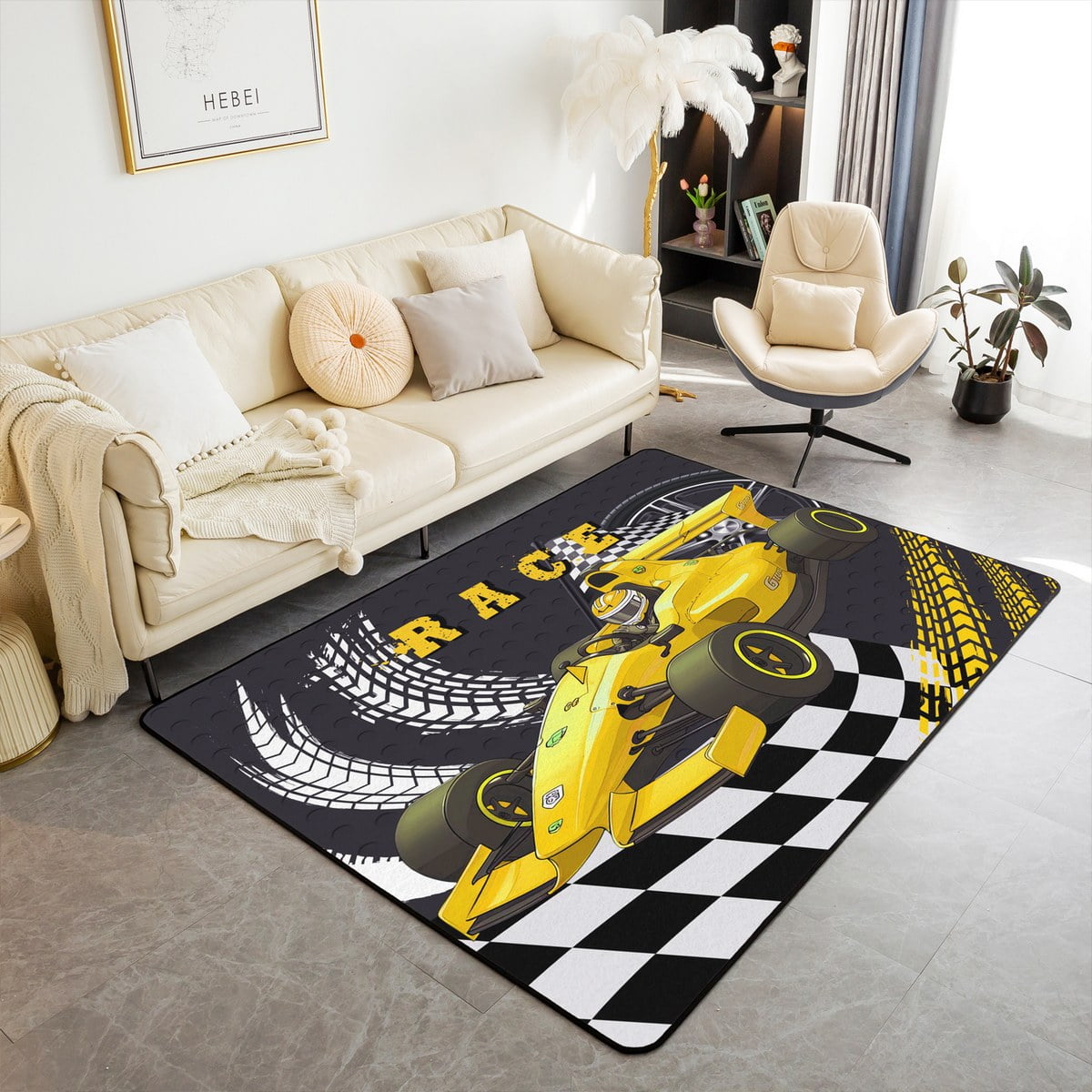 YST Go Kart Race Car Area Rug 5x7,Race Car Carpet for Boys Sports