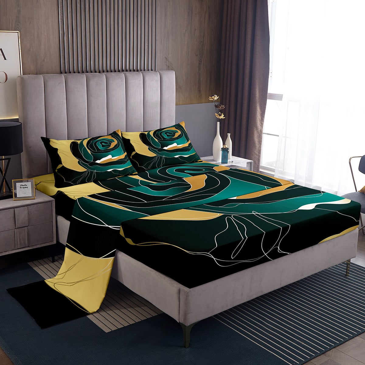 YST Gold Black Dark Green Bed Set Abstract Rose Floral Bed Sheets Set