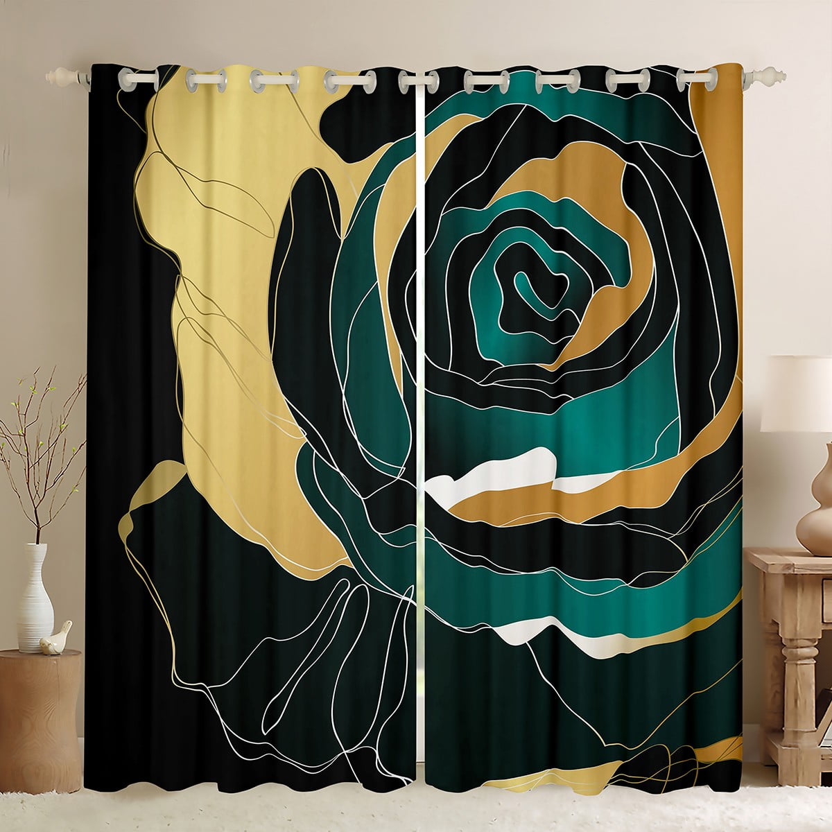 YST Gold Black Dark Green Curtains Abstract Rose Floral Curtains ...