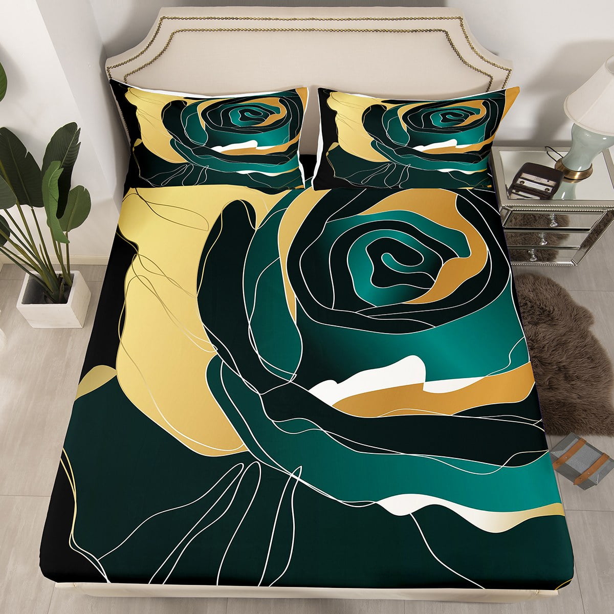 YST Gold Black Dark Green Full Sheets Abstract Rose Floral Bed Sheets