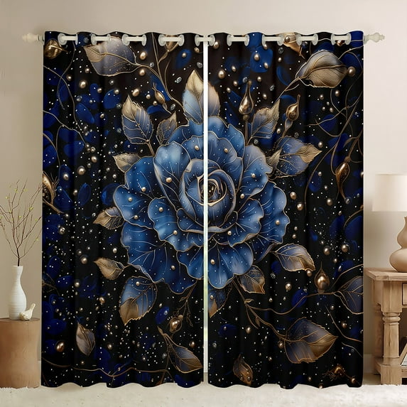 Gold Blue Rose Floral Curtains,Romantic Flower Curtains 30%-50% Blackout Valentines Gifts Women,Vintage Flowers Curtains Rustic Country Window Curtains 2 Panels 52"Wx63"L