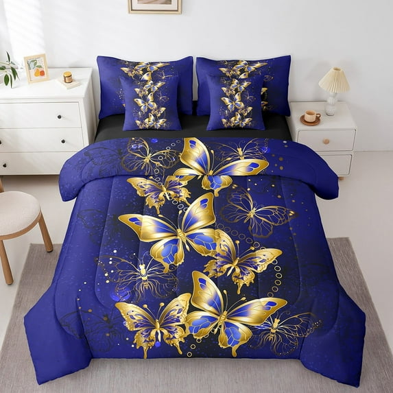 Gold Butterfly Queen Comforter Set 7-Piece Wild Animal Wildlife Bedding Comforter Sets, Boho Hippie Bed in a Bag Navy Blue and Gold Bedding Set, Purple Galaxy Bed Sheets Set