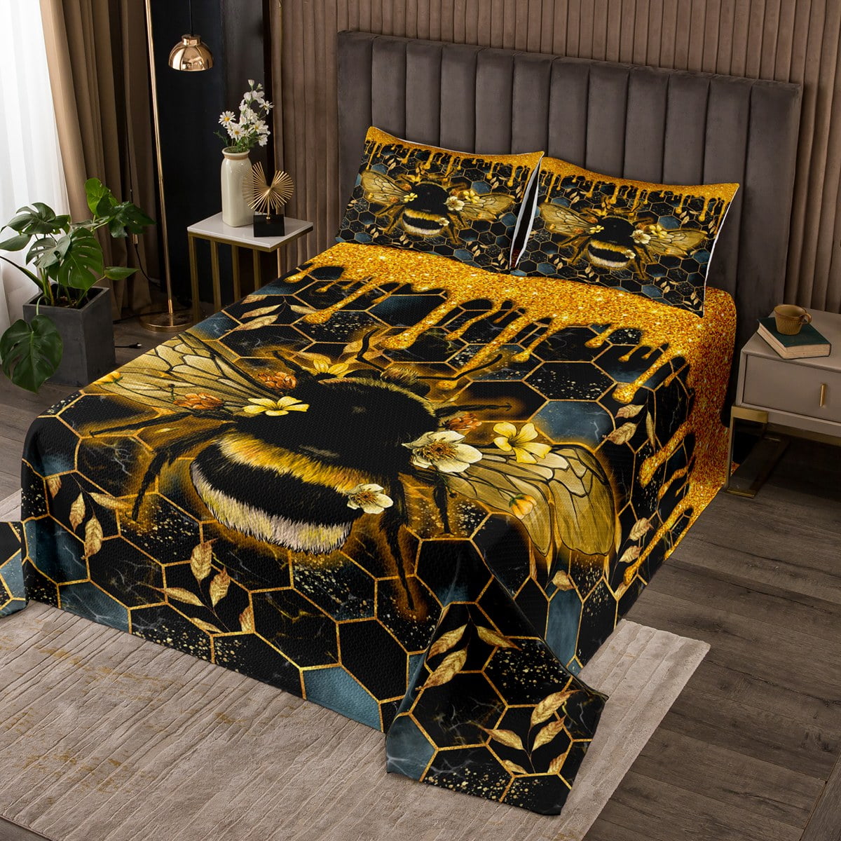 YST Gold Honey Bee Twin Quilt Set Black Marble Coverlet Set, Animal