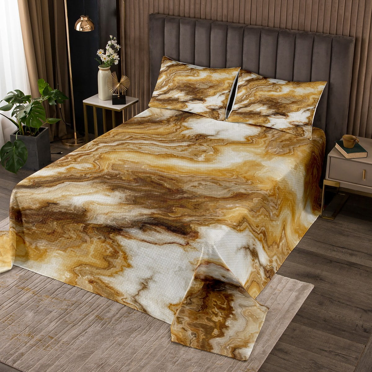 YST Gold Marbling Bedspread Queen Size Brown Abstract Artwork Quilt Set