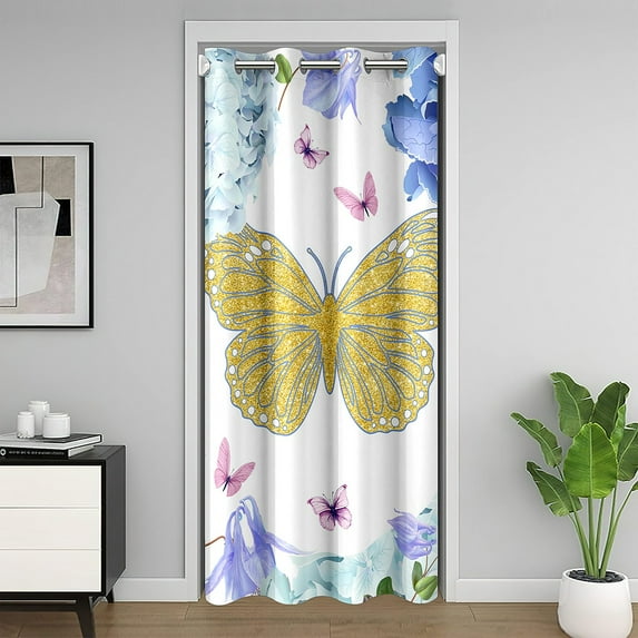 Golden Butterflies Door Curtain For Doorway Privacy 52"W X 80"L,Blue Hydrangea Blackout Curtain Teens ,Aesthetics Spring Rustic Door Drape Temporary Door,Darkening