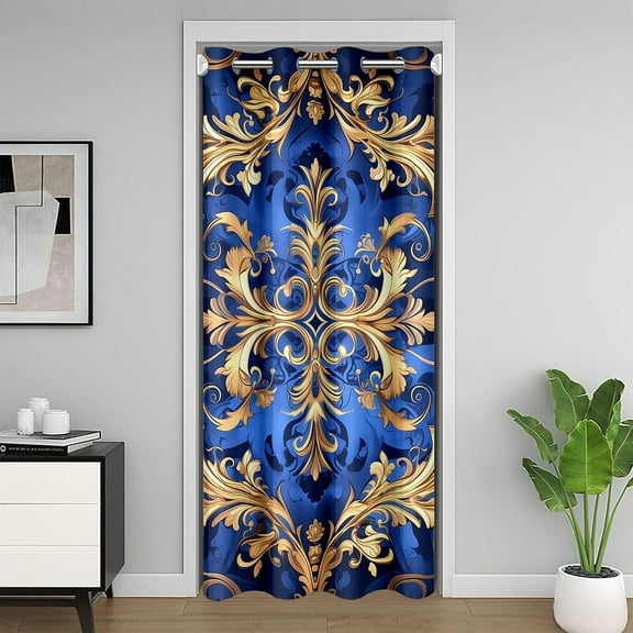 Golden Damask Door Curtain For Doorway Privacy,Exotic Floral Print Blackout Curtain for Man Woman,Antique Baroque Door Drape,Boho Flowers Room Divider Curtain 34"W X 80"L