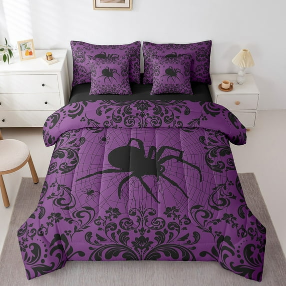 Erosebridal Gothic Comforter Set 7 Piece King Retro Damask Spider Web Bed In A Bag With Sheets Women,Purple Black Halloween Bedding Set Hippie Animal Bed Set Halloween Room Decor