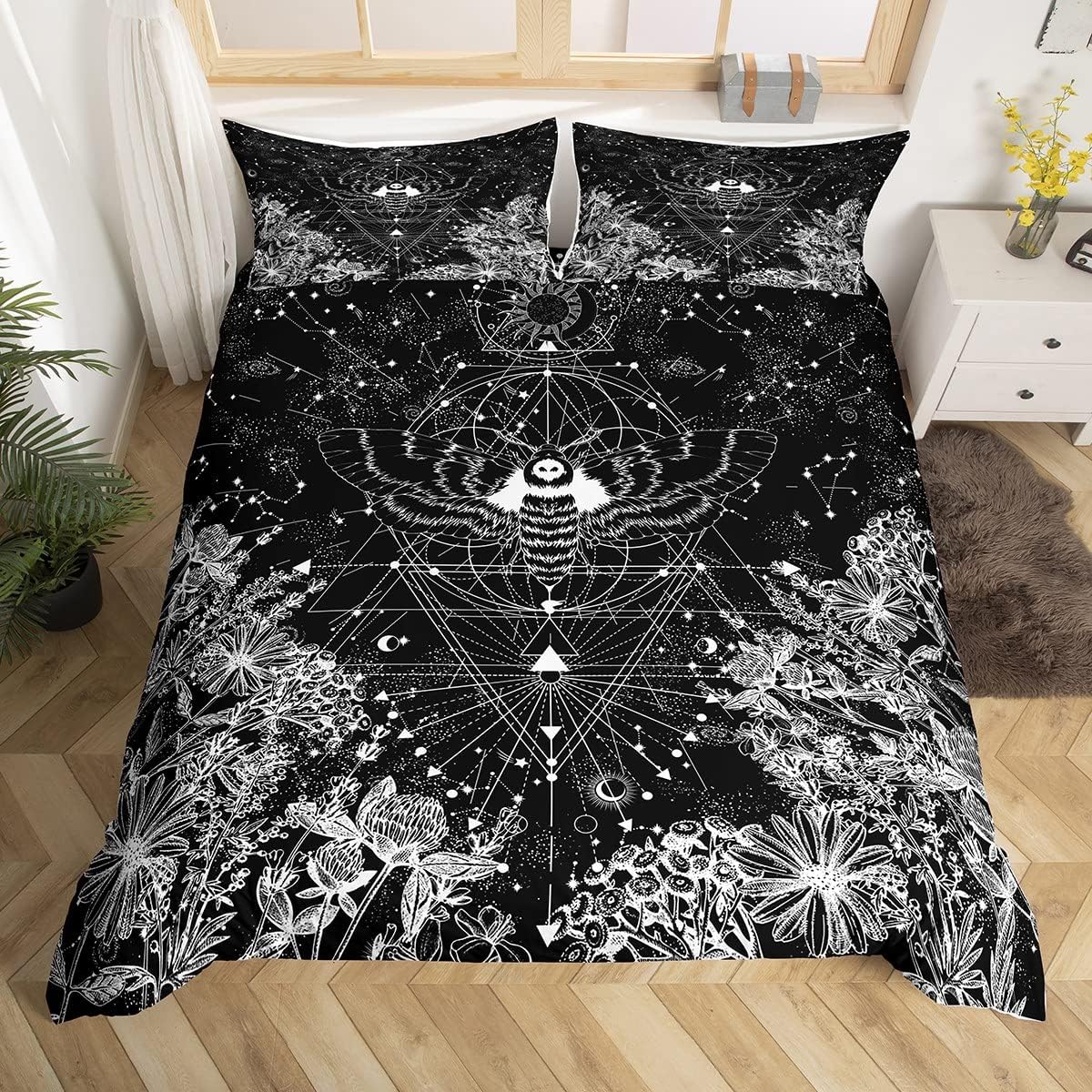 YST Gothic Moth Bedding Sets King, Sun and Moon Comforter Cover Trippy