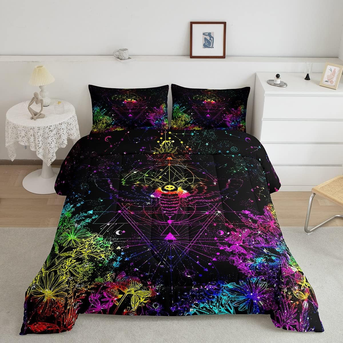 YST Gothic Moth Bedding Sets Queen,Sun and Moon Comforter Set Rainbow