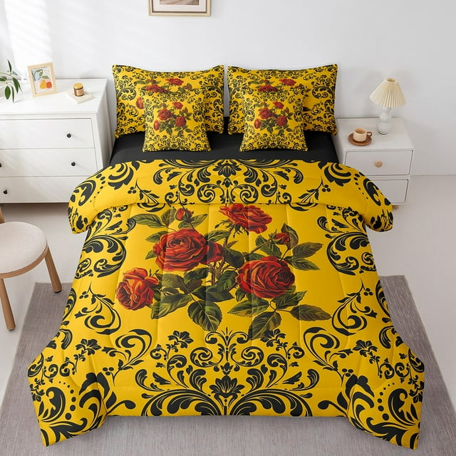 YST Gothic Roses Bed In A Bag 7 Piece Queen Rose Floral Boho Comforter