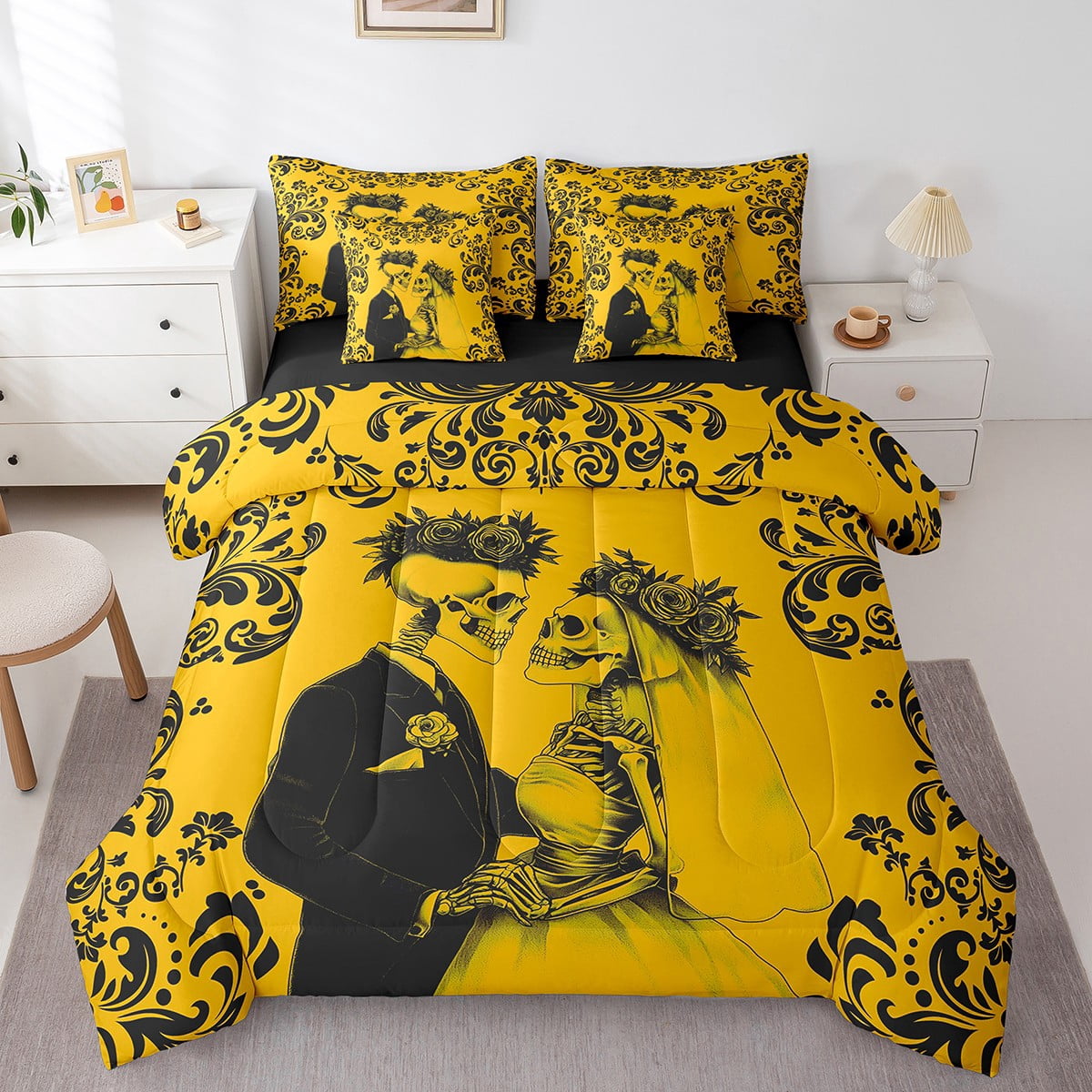 Gifts For Couple Personalized Skull Couple Quilt Bedding Set Special Line Personalized Quilt Bed Set