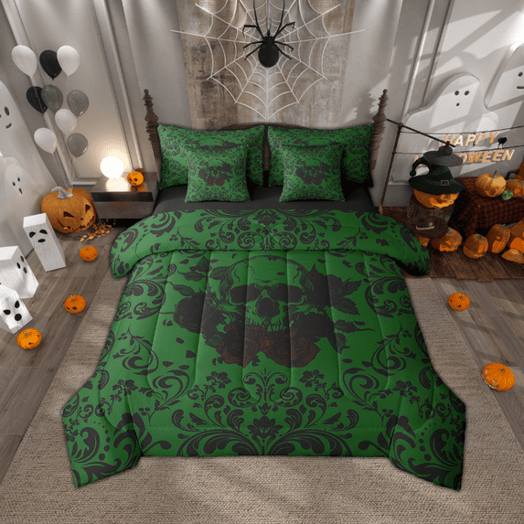 Gothic Skull Bedding Set 7 Piece Full Green Black Damask Floral Roses Comforter Set With Sheets Halloween Skull Skeleton Bed In A Bag For Adults Men,Goth Hippie Skull Bed Set