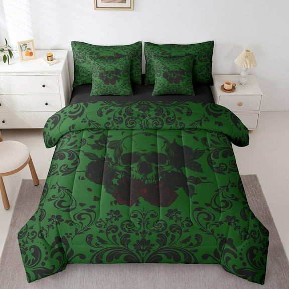 Gothic Skull Bedding Set 7 Piece King Green Black Damask Floral Roses Comforter Set With Sheets Halloween Skull Skeleton Bed In A Bag For Adults Men,Goth Hippie Skull Bed Set