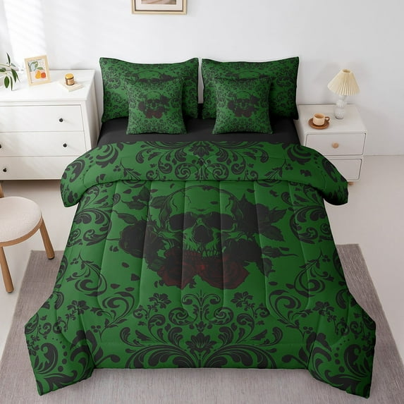 Gothic Skull Bedding Set 7 Piece Queen Green Black Damask Floral Roses Comforter Set With Sheets Halloween Skull Skeleton Bed In A Bag For Adults Men,Goth Hippie Skull Bed Set