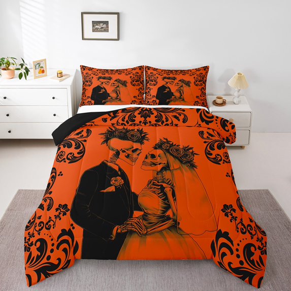 Gothic Skull Comforter King Orange Black Couple Rose Skull Bedding Comforter Sets Damask Skeleton Goth Bedding Set For Women Men Wife Husband,Romantic Wedding Valentines Day Quilt