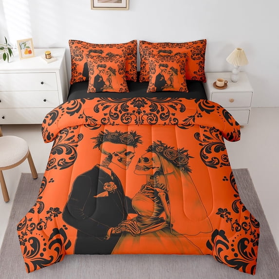 Gothic Skull Comforter Set 7 Piece Twin Orange Black Couple Rose Skull Bed In A Bag Damask Skeleton Goth Bedding Set Sheet Set For Women Men Wife Husband,Wedding Valentines Day Bed Set