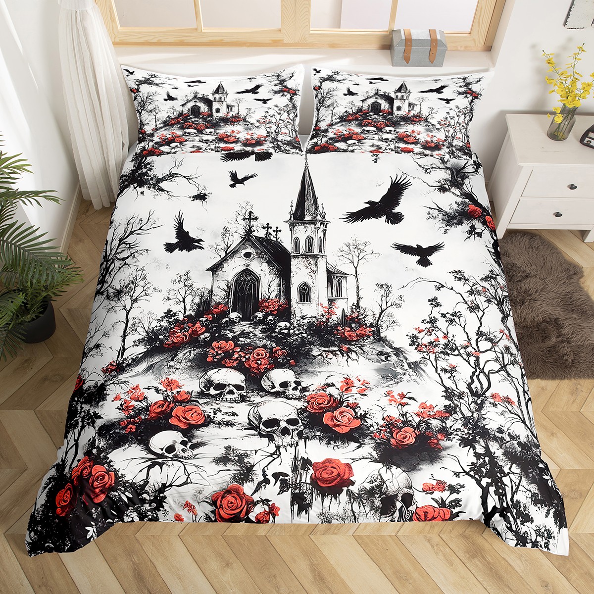 Gothic Skull Floral Queen Bedding Set,Black Red Rose Flower Duvet Cover ...