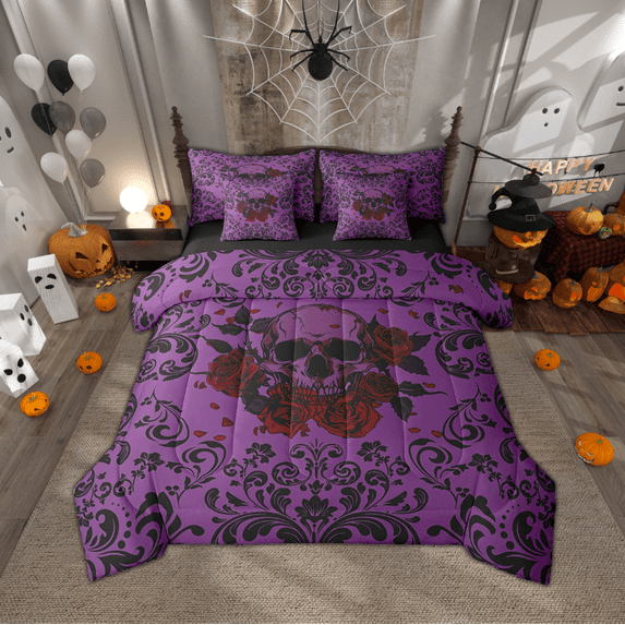 Erosebridal Gothic Skull King Bedding Set 7 Piece For Women Purple Black Damask Roses Comforter Set With Sheets Halloween Skeleton Bed In A Bag Adults,Goth Hippie Skull Bed Set