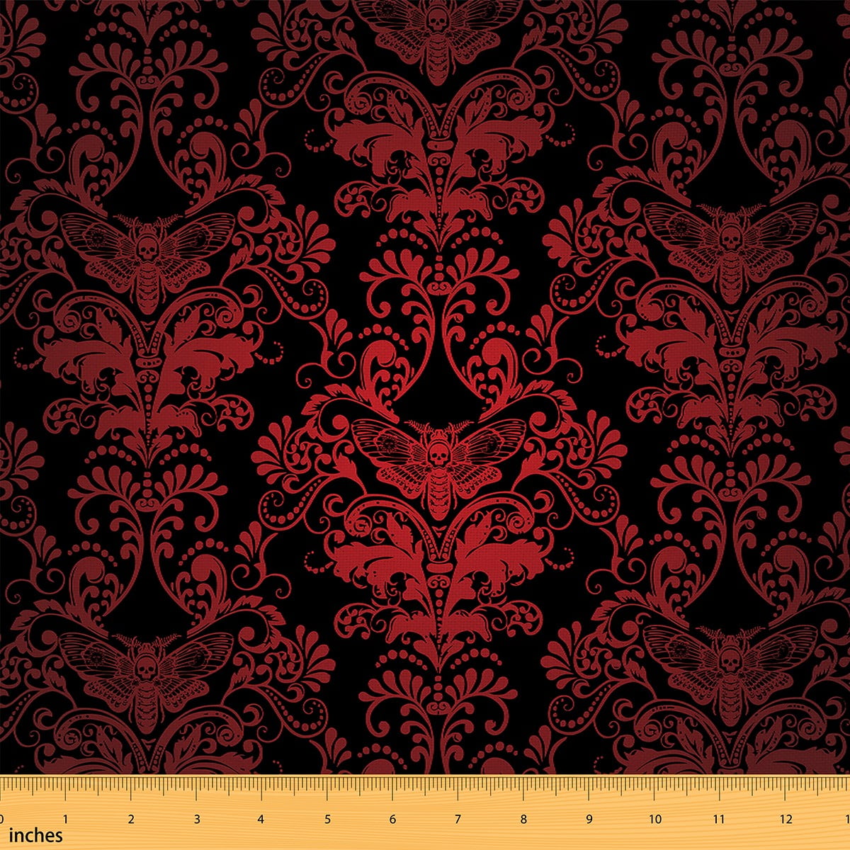 Gothic Spooky Damask Fabric By The Yard 5 Yards,Ombre Red Moth Upholstery Fabric,Gothic Vintage Floral Decorative Fabric,Oriental Antique Ornament Vintage Fabric Craft Patchwork Diy