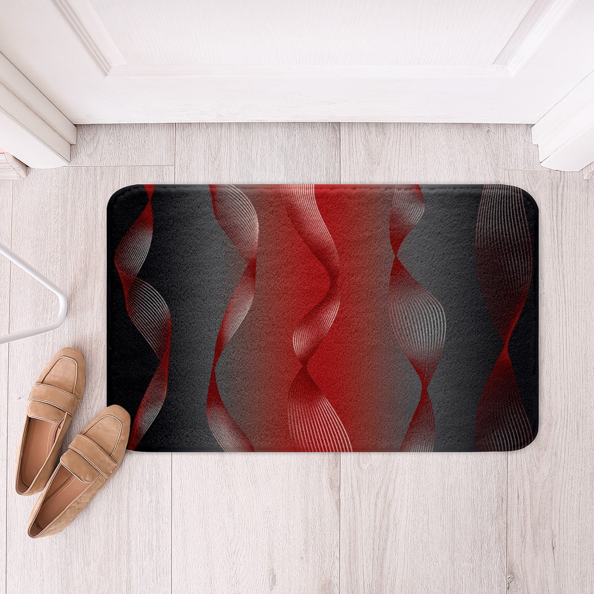 YST Gradient Black and Red Bathroom Rugs 20"x32",Silver Foil Print Wave