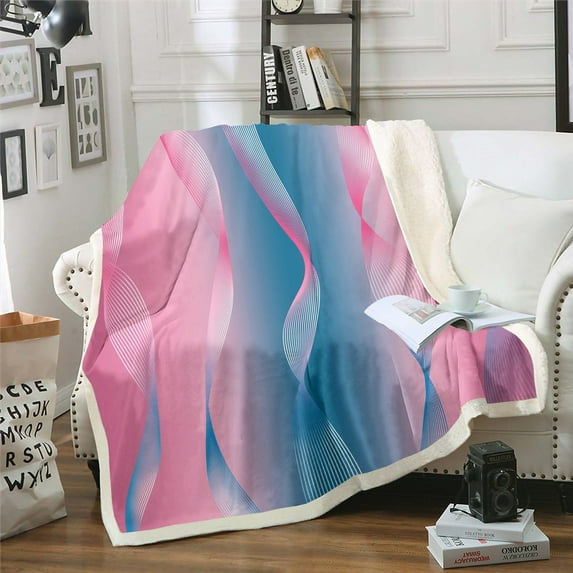 Gradient Blue and Pink Blanket Ombre 90"x90" Throw Blanket for Sofa Decor,Trippy Spiral Silver Wave Line Fleece Blanket,Abstract Art Room Decor Aesthetic