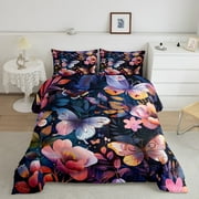 Purple Butterfly Bedding Queen Size Chic Animals Comforter Set Queen , Pink Blue Floral Duvet Insert Botanical Leaves Quilt Set, Watercolor Flower Bedding Comforters & Sets
