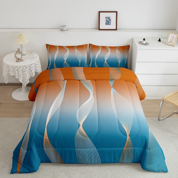 Gradient Gradient Orange to Blue Bedding Set Ombre Twin Comforter Set ,Trippy Spiral Silver Wave Line Quilt,Abstract Art Room Decor Aesthetic
