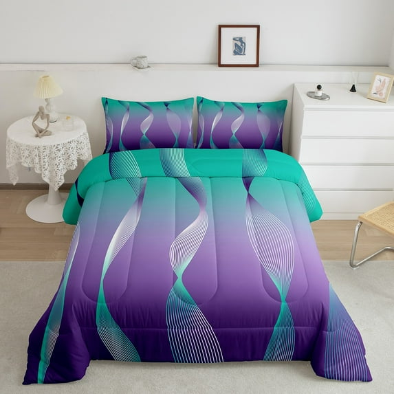 Erosebridal Gradient Gradient Teal to Purple Bedding Set Ombre Twin Comforter Set,Trippy Spiral Silver Wave Line Quilt,Abstract Art Room Decor Aesthetic