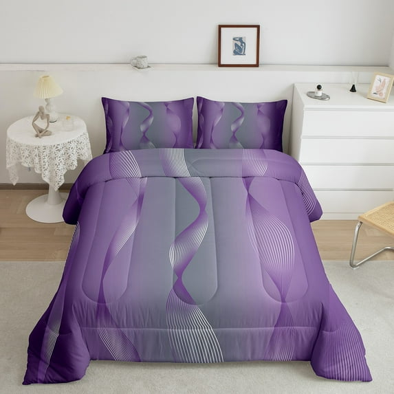 Gradient Lilac and Grey Bedding Set Ombre Comforter Set ,Spiral Silver Print Wave Striped Pattern Queen Quilt,Abstract Art Room Decor Aesthetic