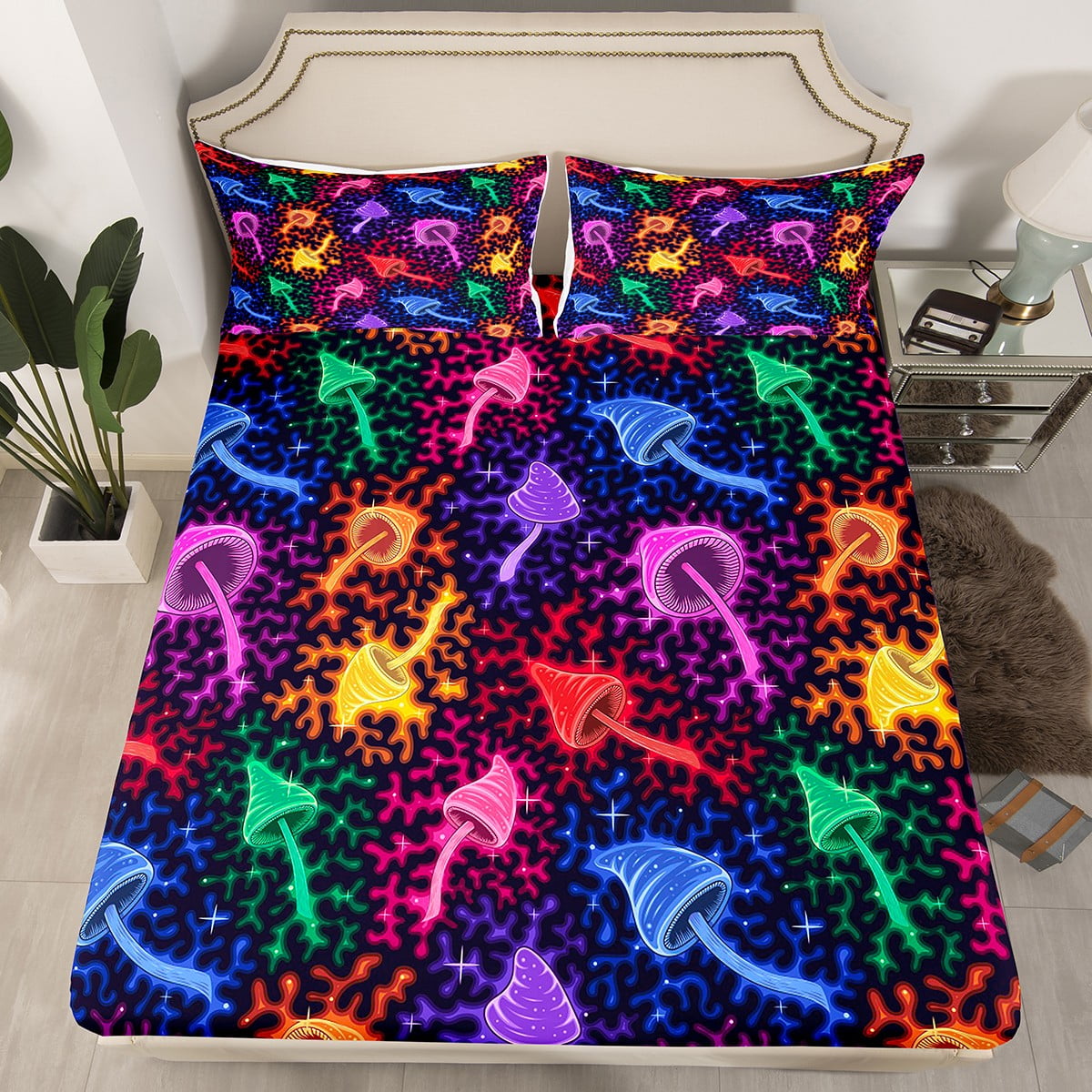 YST Gradient Mushroom Bed Sheets Rainbow Fitted Sheet Twin Size