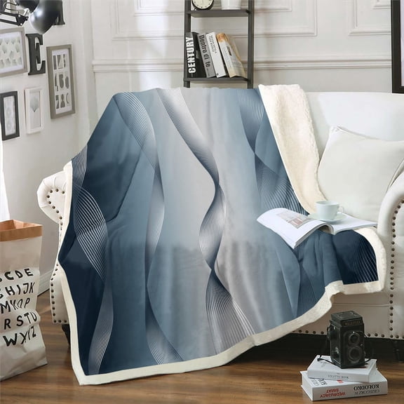 Gradient Navy Blue and Greyish White Blanket Ombre 90"x90" Throw Blanket for Sofa Decor,Trippy Spiral Silver Wave Line Fleece Blanket,Abstract Art Room Decor Aesthetic
