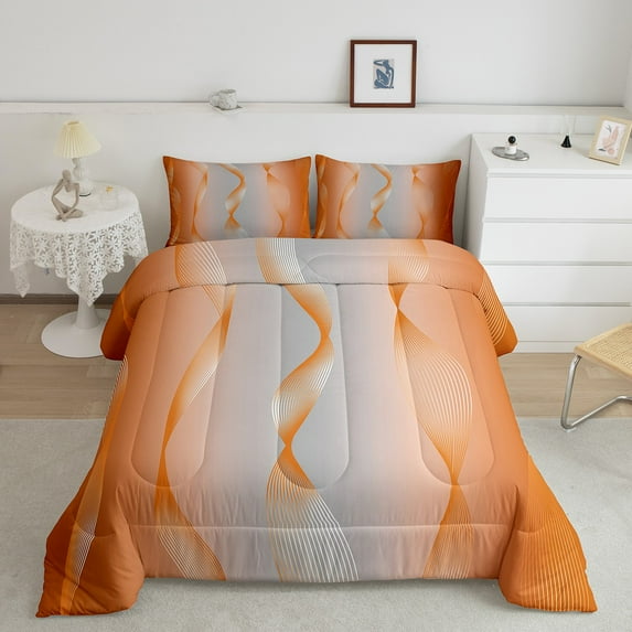Gradient Orange and Greyish White Bedding Set Ombre Comforter Set ,Spiral Silver Print Wave Striped Pattern Queen Quilt,Abstract Art Room Decor Aesthetic