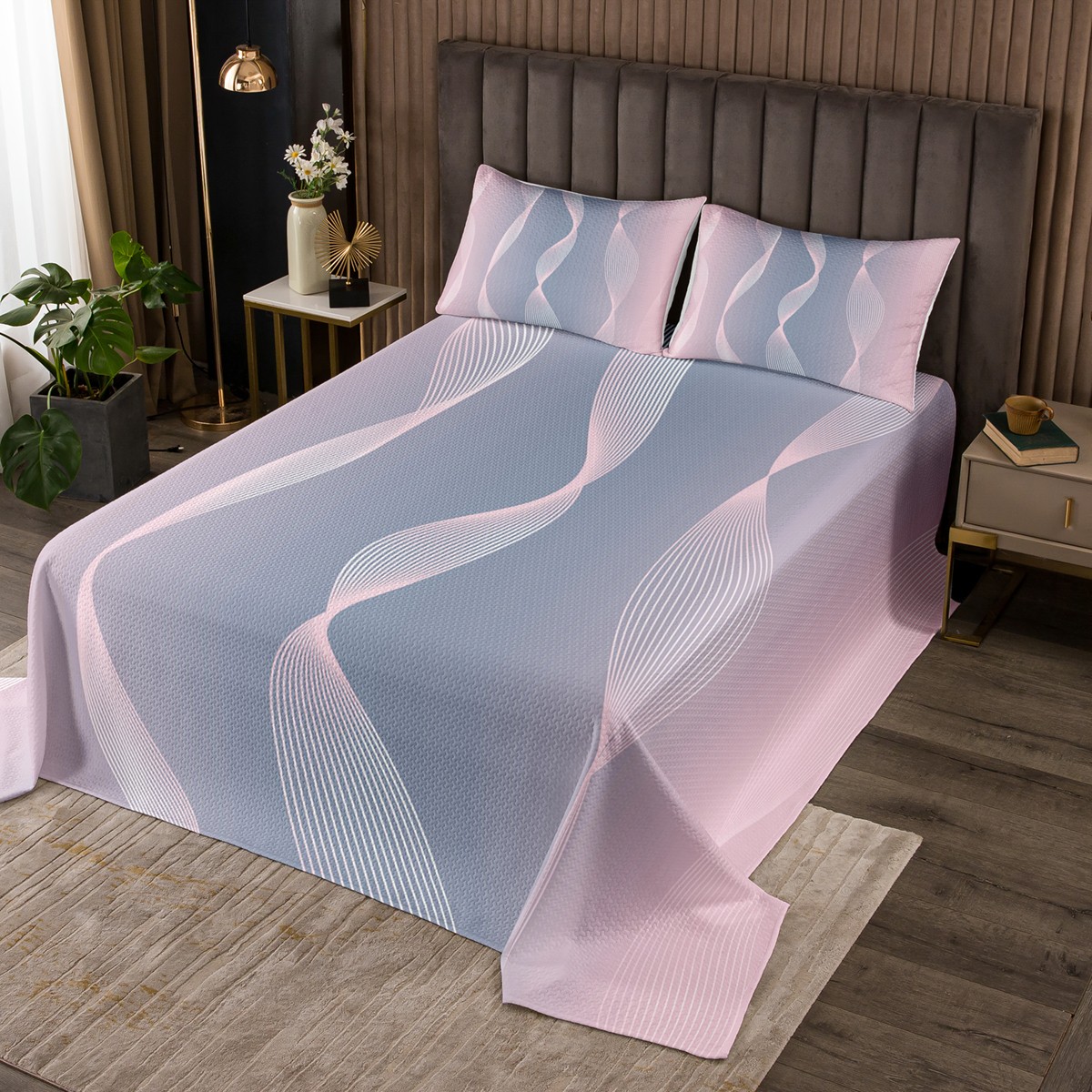 YST Gradient Pink and Grey Quilt Set Ombre Bedspread Set for Girls