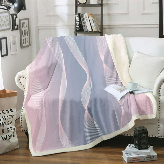 Gradient Pink and Grey Throw Blanket for Sofa Decor,Irregular Silver Stripe Wave Line Fleece Blanket Ombre Blanket 60"x80",Abstract Art Room Decor Aesthetic