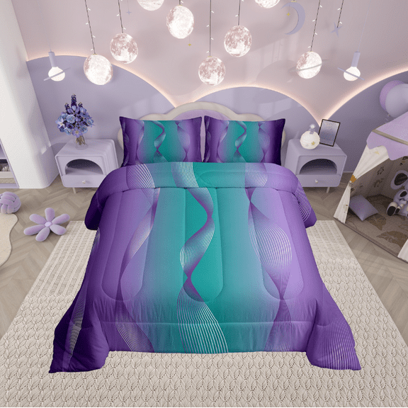 Gradient Teal and Purple Comforter Set Full,Silver Foil Print Wave Striped Quilt Ombre Bedding Set,Abstract Art Room Decor Aesthetic