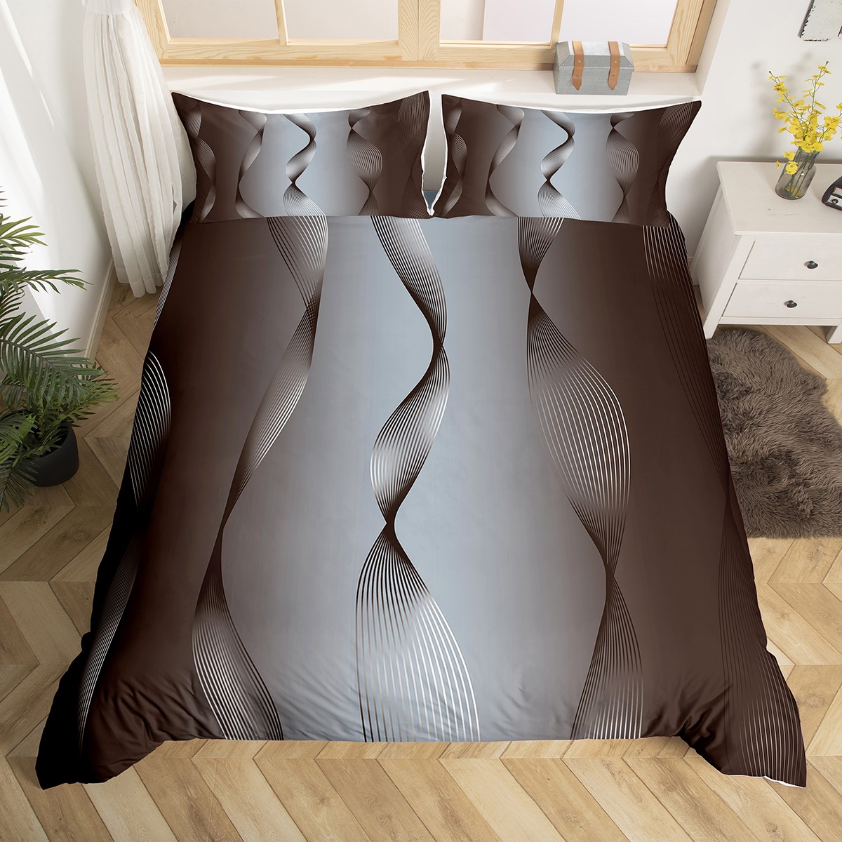 YST Gradient Terra Brown and Grey Bedding Sets Full,Silver Foil Print ...