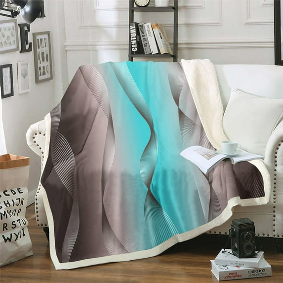 Gradient Terra Brown and Teal Blanket Ombre 90"x90" Throw Blanket for Sofa Decor,Trippy Spiral Silver Wave Line Fleece Blanket,Abstract Art Room Decor Aesthetic